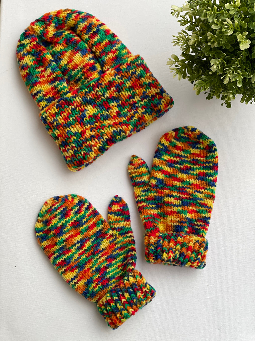 Hand Knit Beanie and Mittens Set