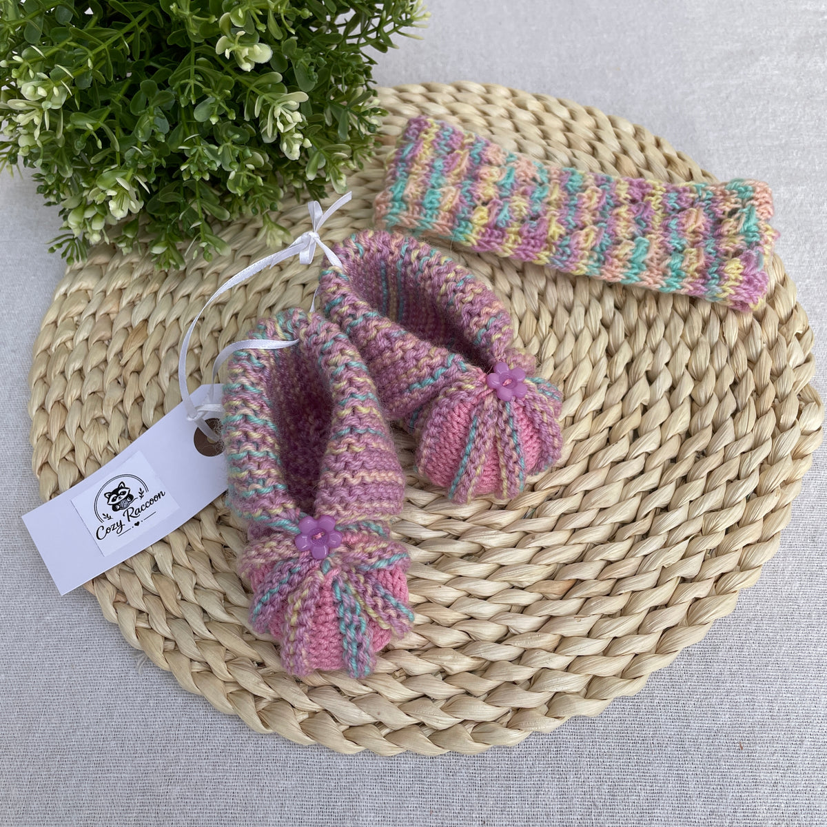 Baby Girl Gift Set, Booties and Headband, Wool Pink Melange, 6-9 Months