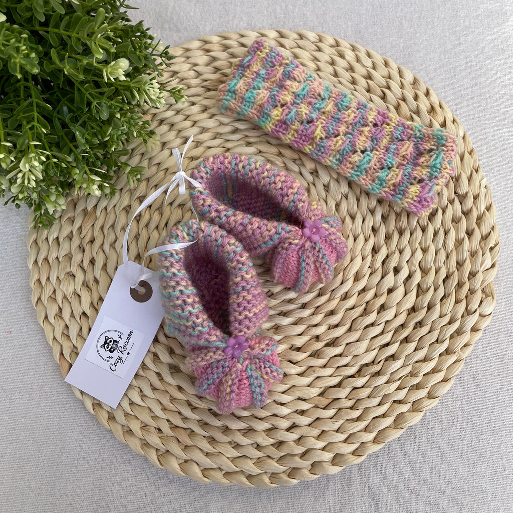 Baby Girl Gift Set, Booties and Headband, Wool Pink Melange, 6-9 Months