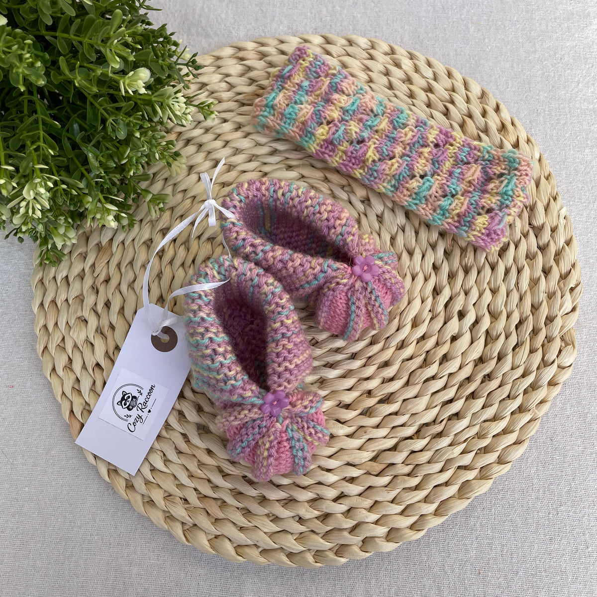 Baby Girl Gift Set, Booties and Headband, Wool Pink Melange, 6-9 Months