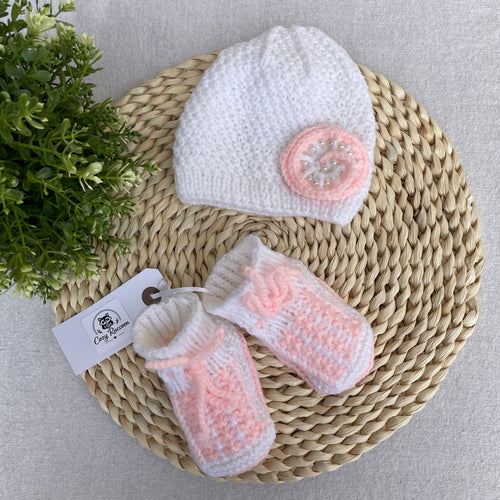 Baby Gift Set, Booties and Beanie Hat, White/Pink, 3-6 Months