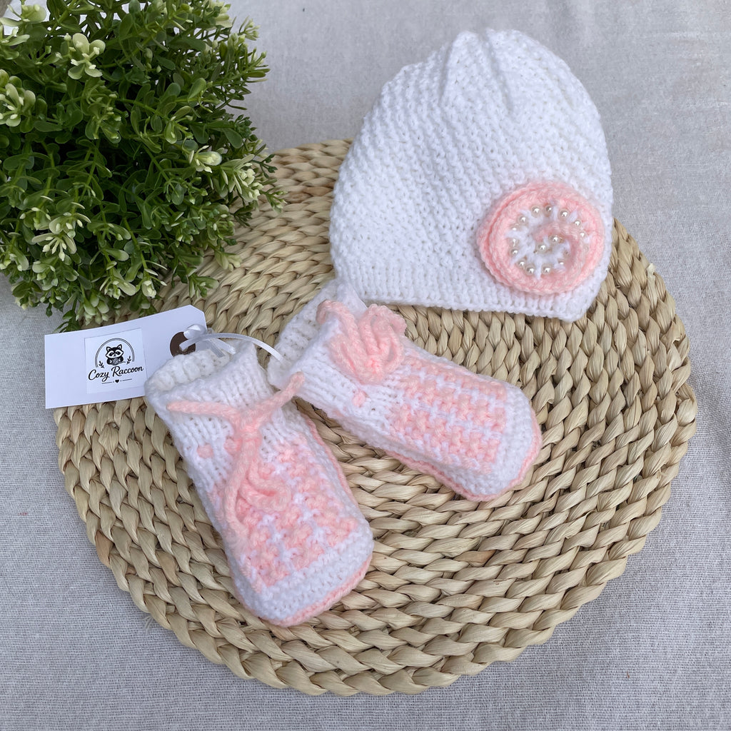 Baby Gift Set, Booties and Beanie Hat, White/Pink, 3-6 Months