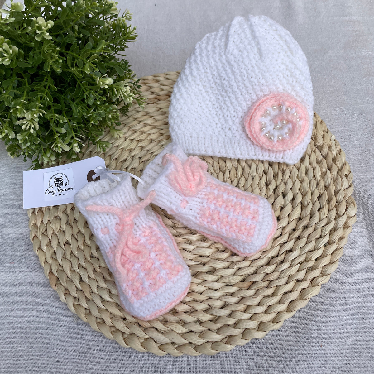 Baby Gift Set, Booties and Beanie Hat, White/Pink, 3-6 Months