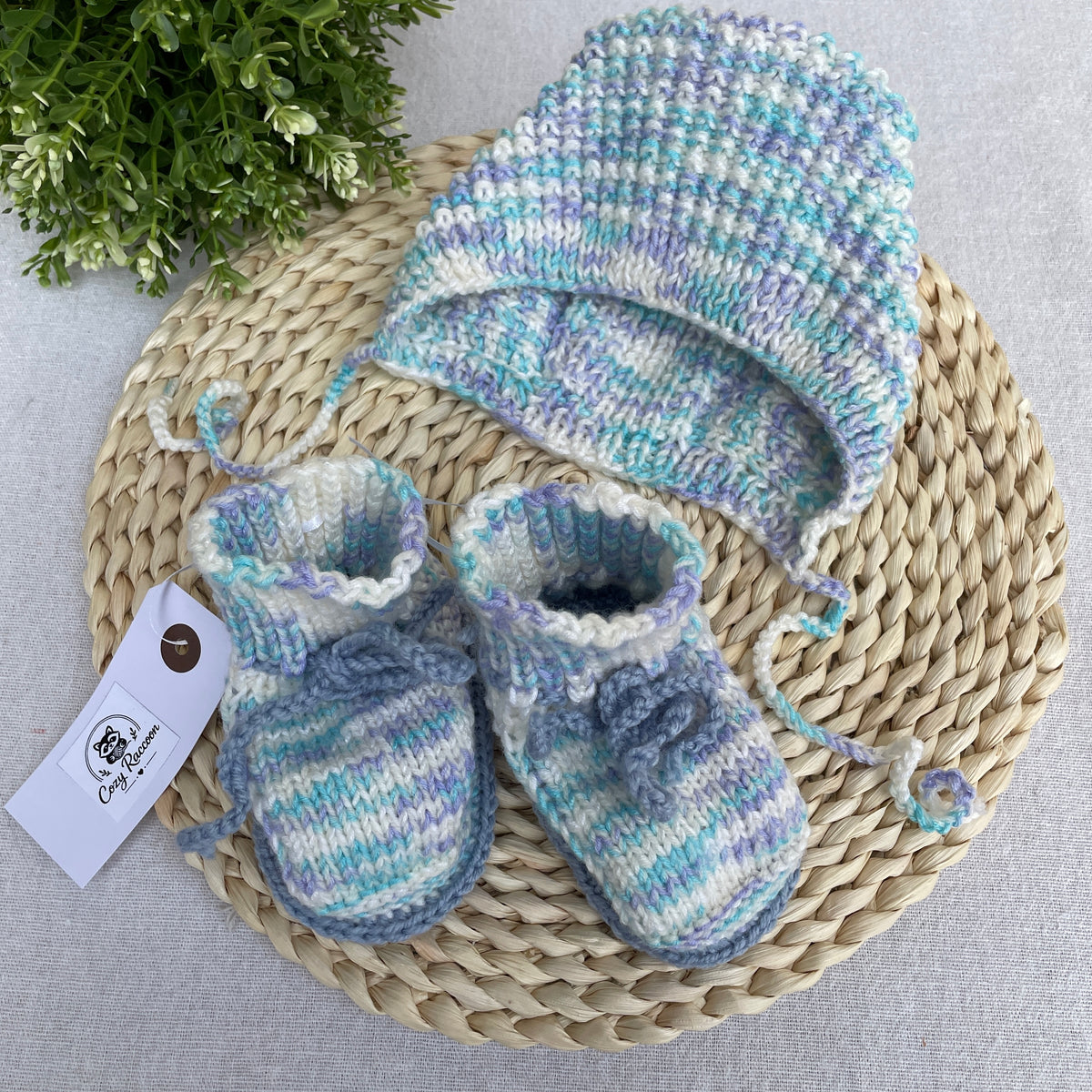 Baby Boy Gift Set, Booties and Bonnet, Silk/Cashmere Wool Blue Melange, 6-9 Months