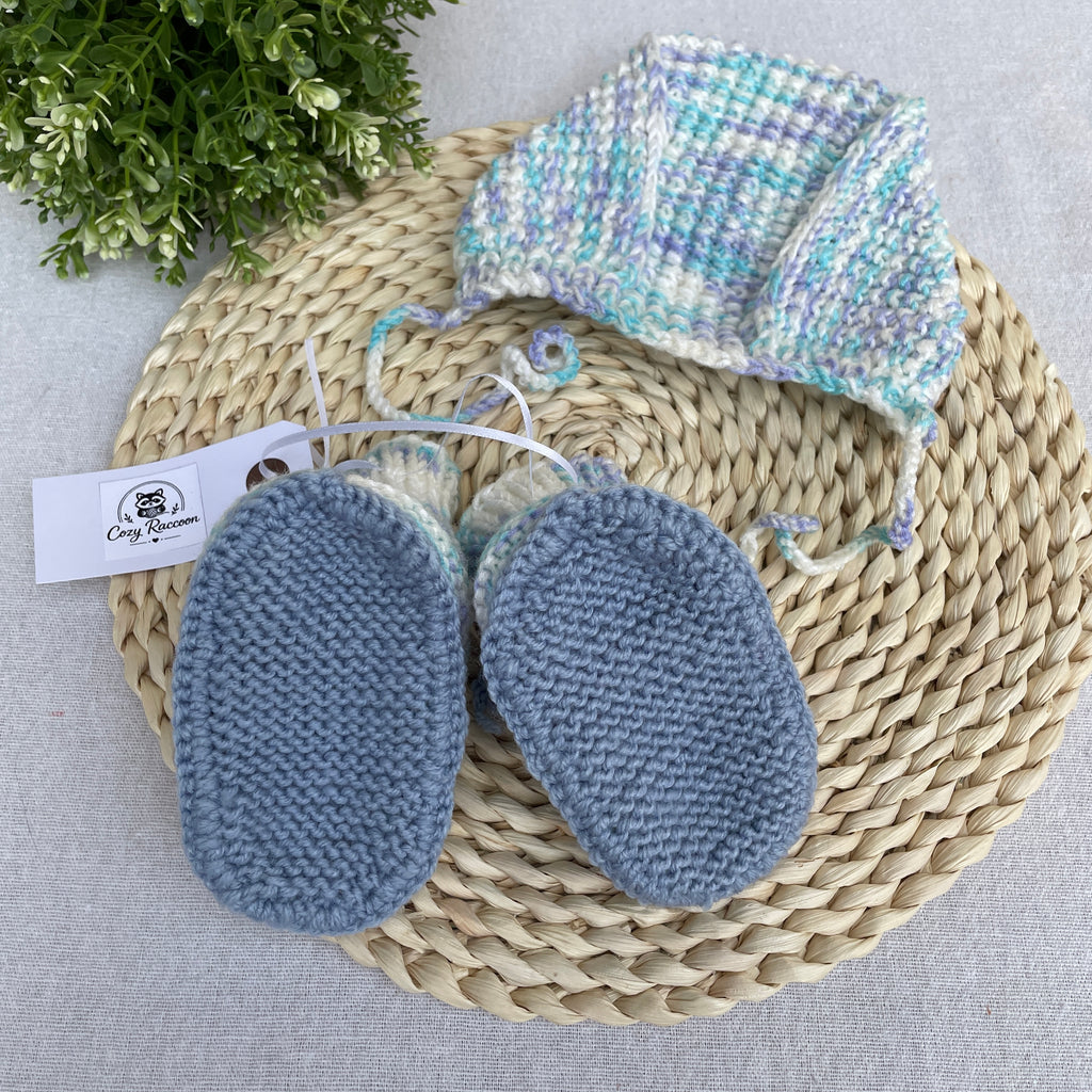 Baby Boy Gift Set, Booties and Bonnet, Silk/Cashmere Wool Blue Melange, 6-9 Months