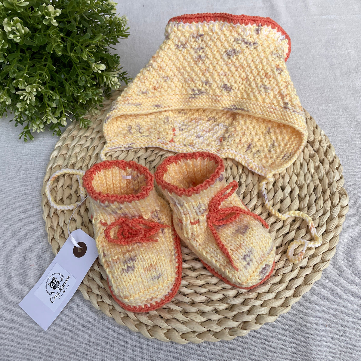 Baby Gift Set, Booties and Bonnet, Silk/Cashmere, Yellow/ Orange, 6-9 Months