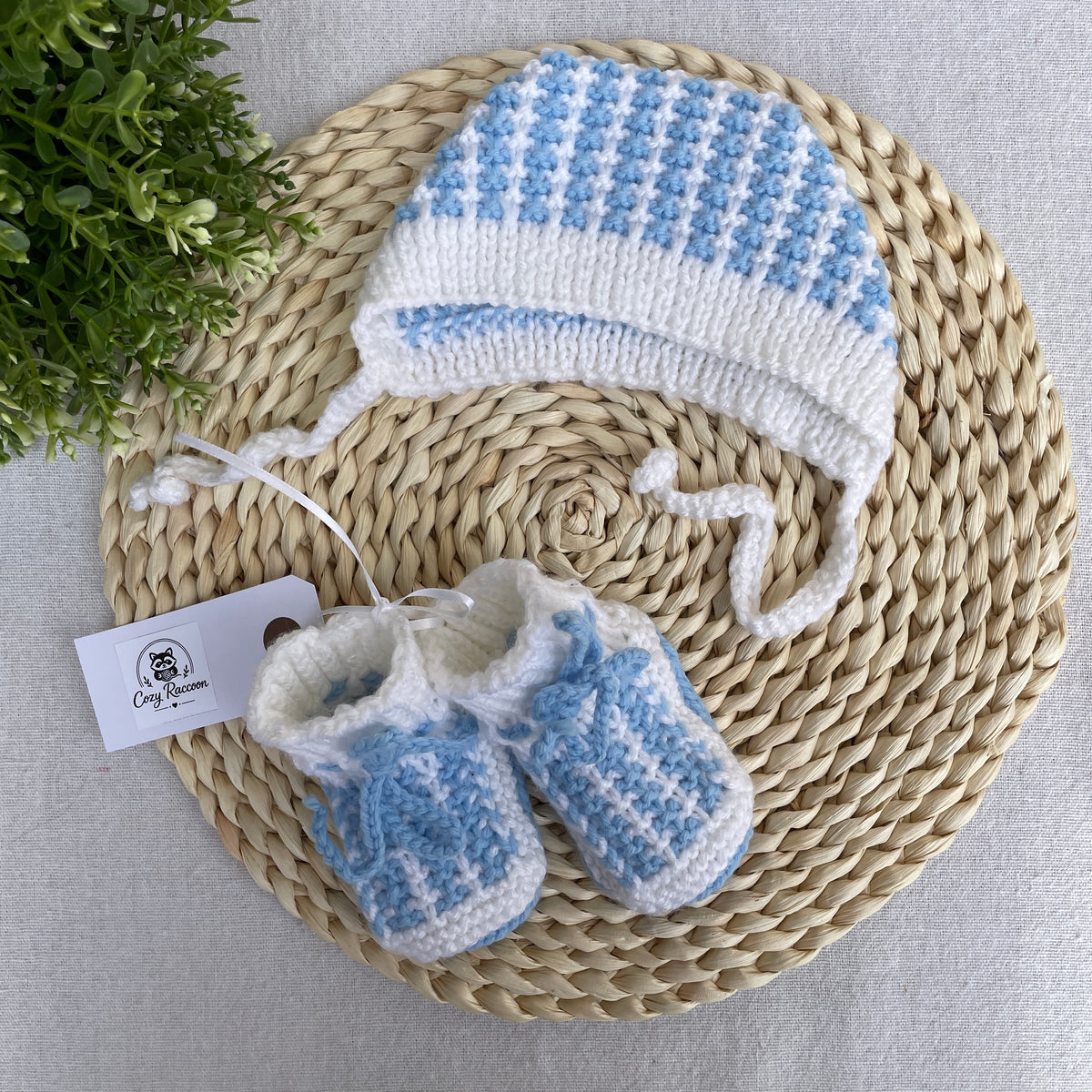 Baby Boy Gift Set, Booties and Bonnet, White/Blue, 0-3 Months