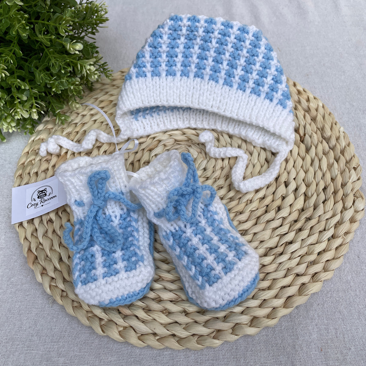Baby Boy Gift Set, Booties and Bonnet, White/Blue, 0-3 Months