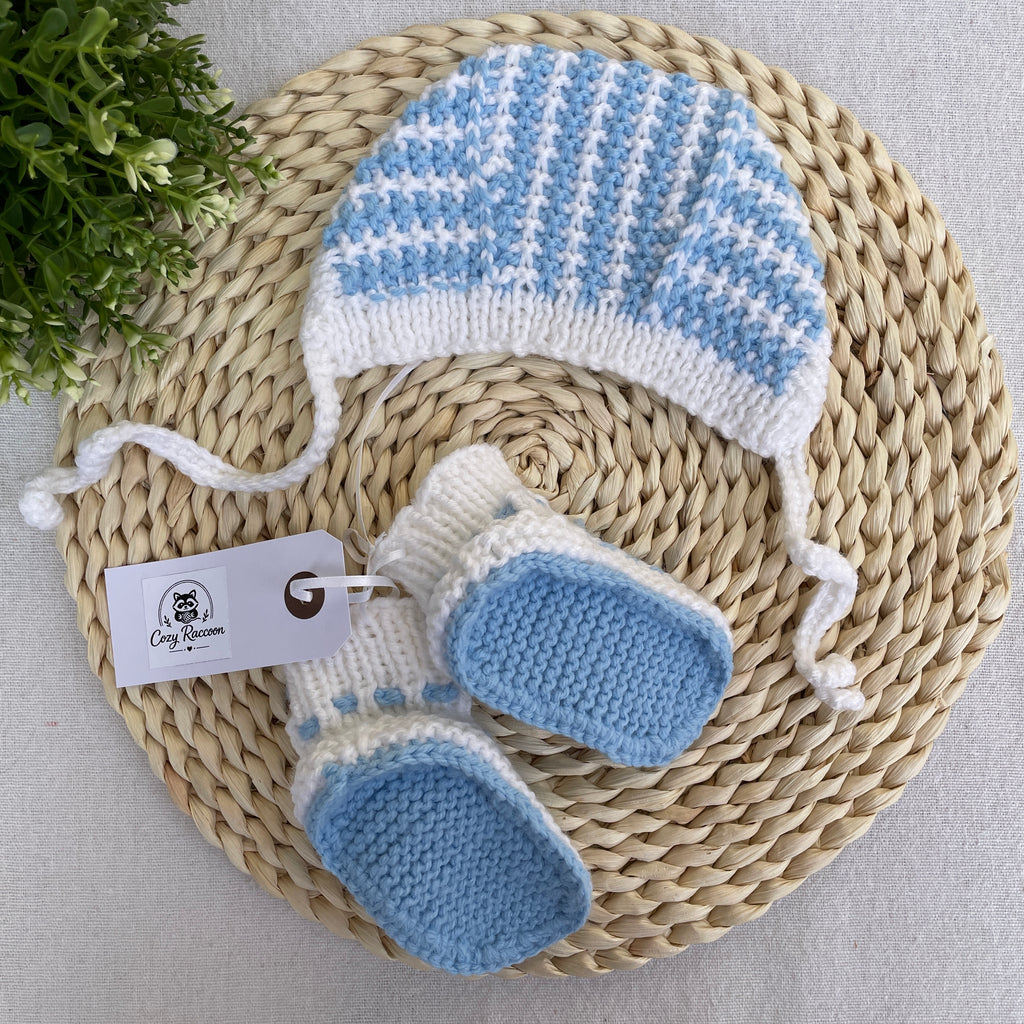 Baby Boy Gift Set, Booties and Bonnet, White/Blue, 0-3 Months