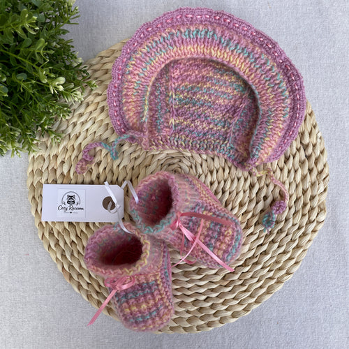 Baby Girl Gift Set, Booties and Bonnet, Wool Pink Melange 0-3 Months