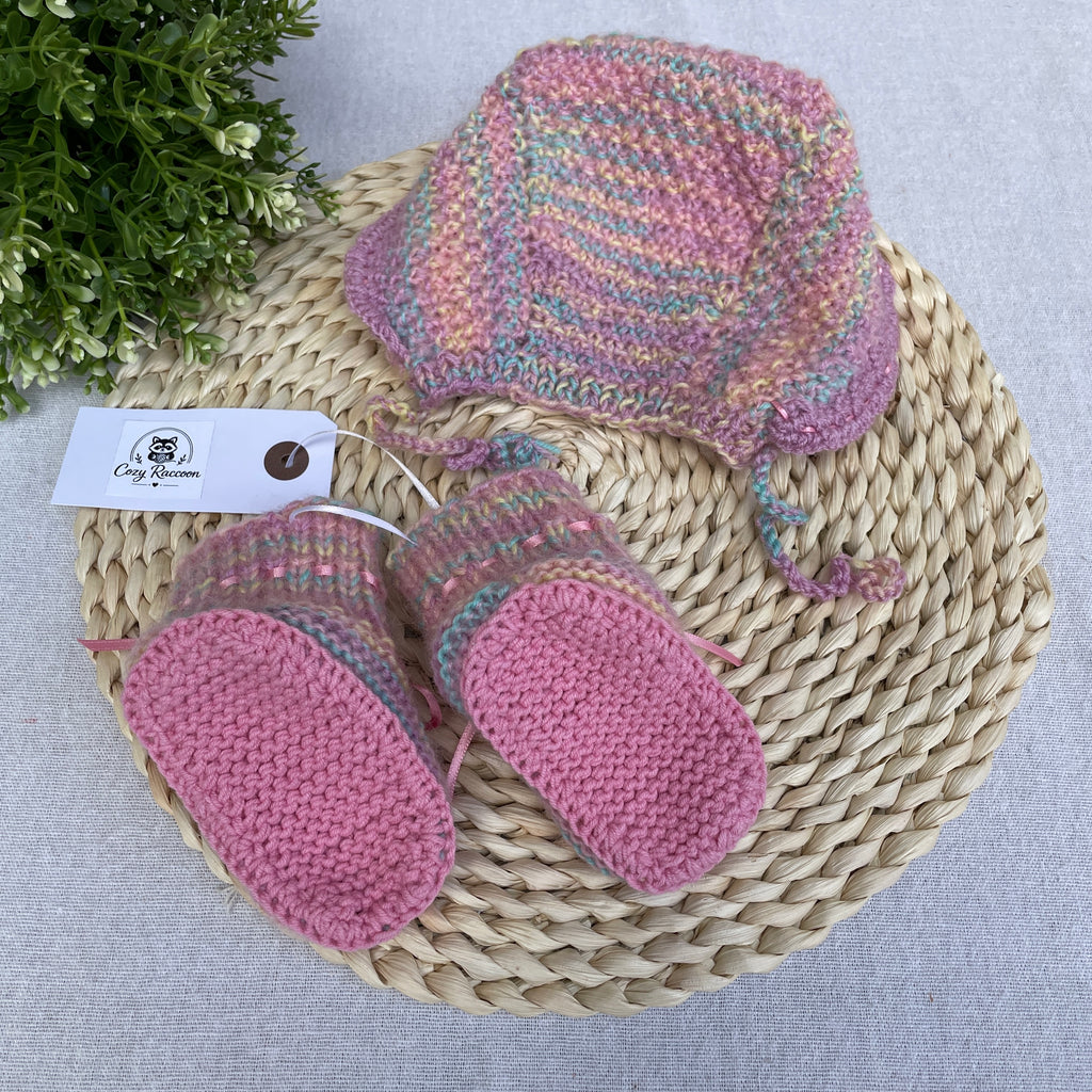 Baby Girl Gift Set, Booties and Bonnet, Wool Pink Melange 0-3 Months