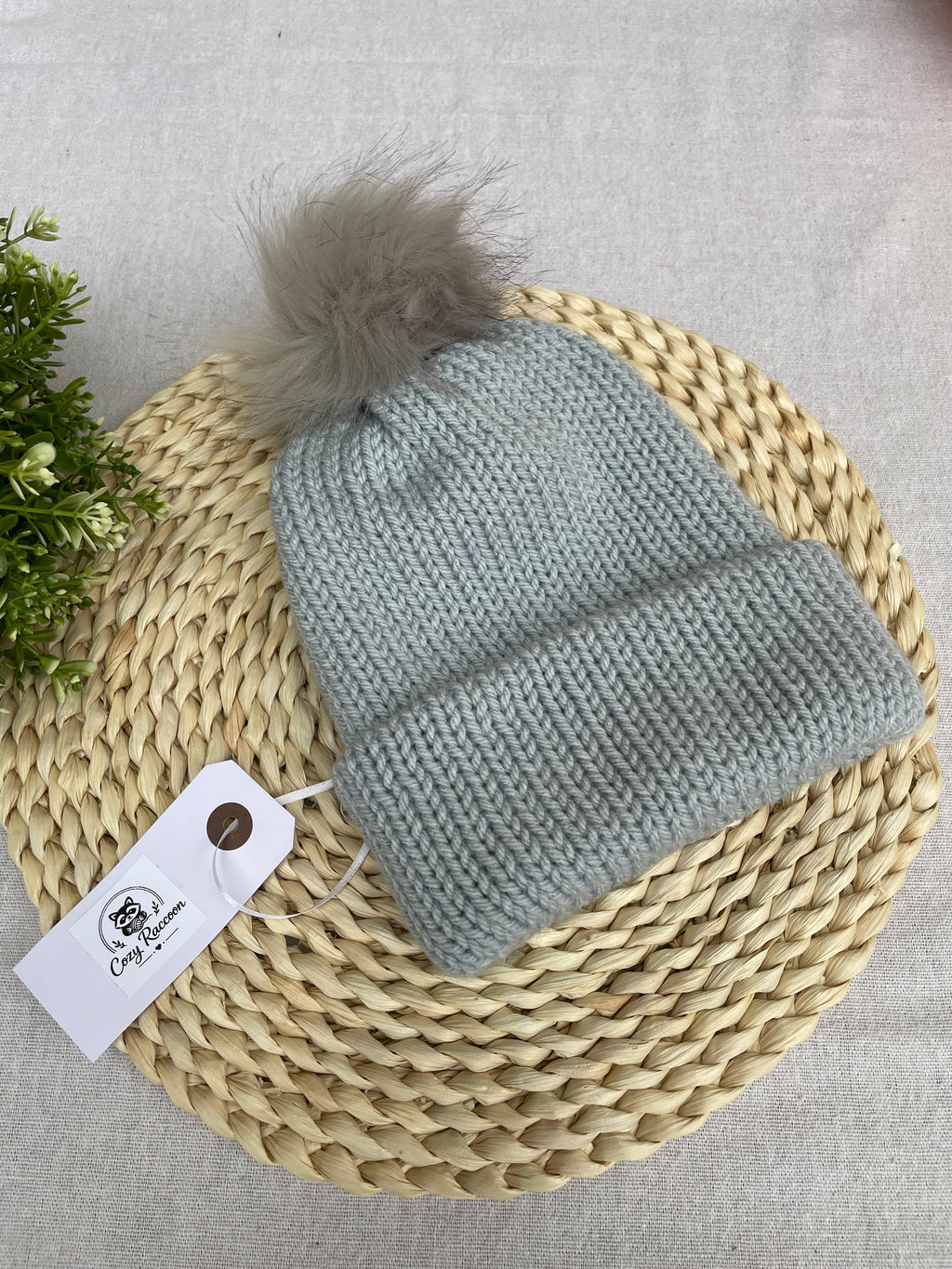 Knitted Beanie with a fluffy pom-pom, Grey