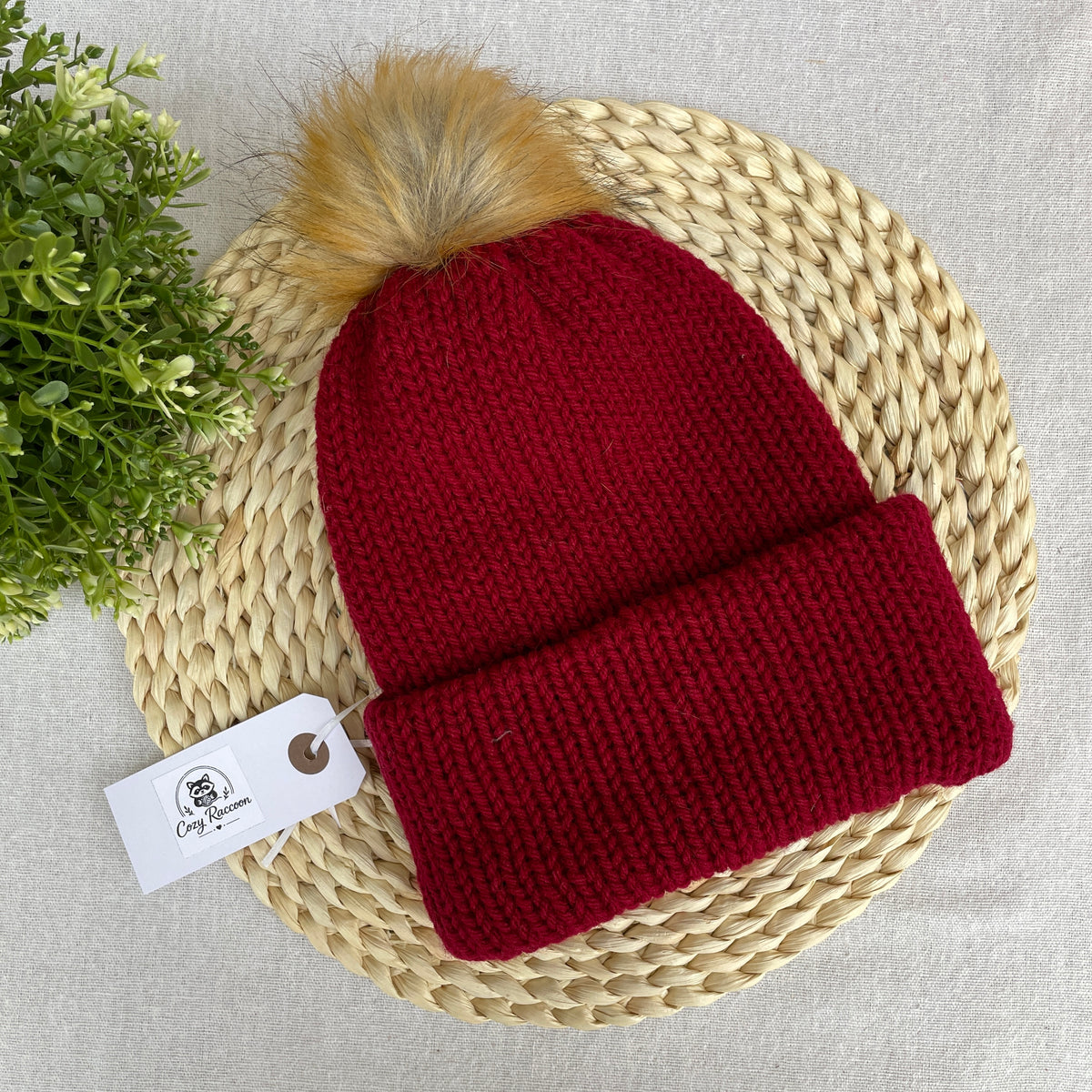 Knitted Beanie with a fluffy pom-pom, Red