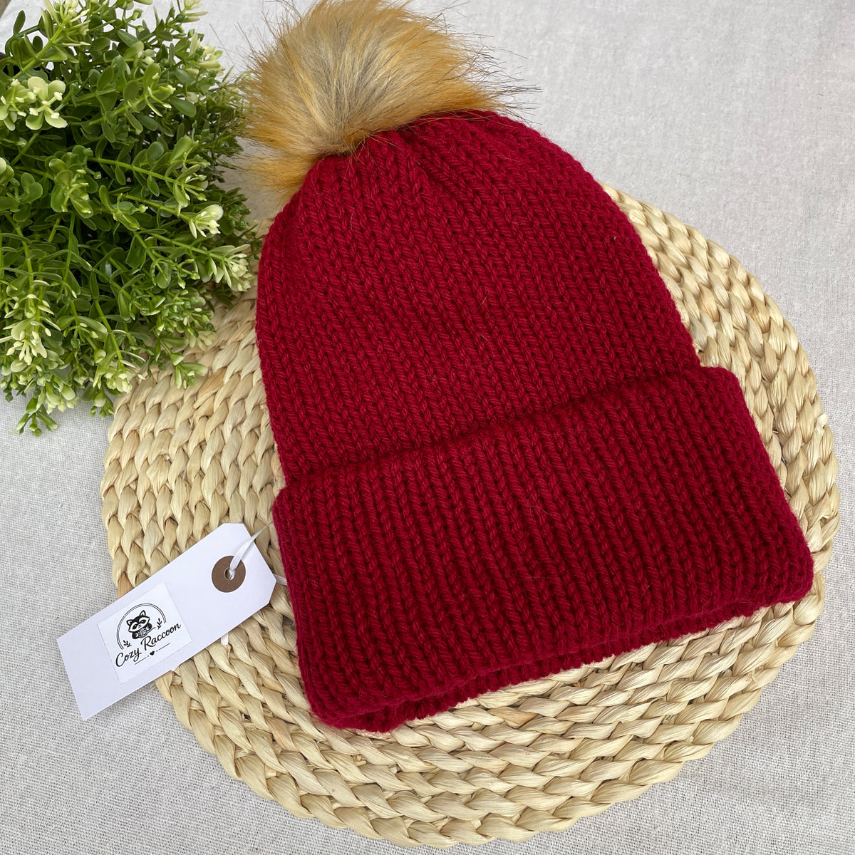 Knitted Beanie with a fluffy pom-pom, Red