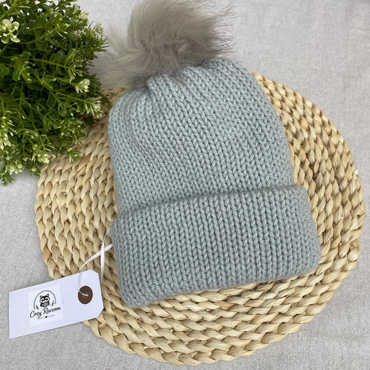 Knitted Beanie with a fluffy pom-pom, Grey