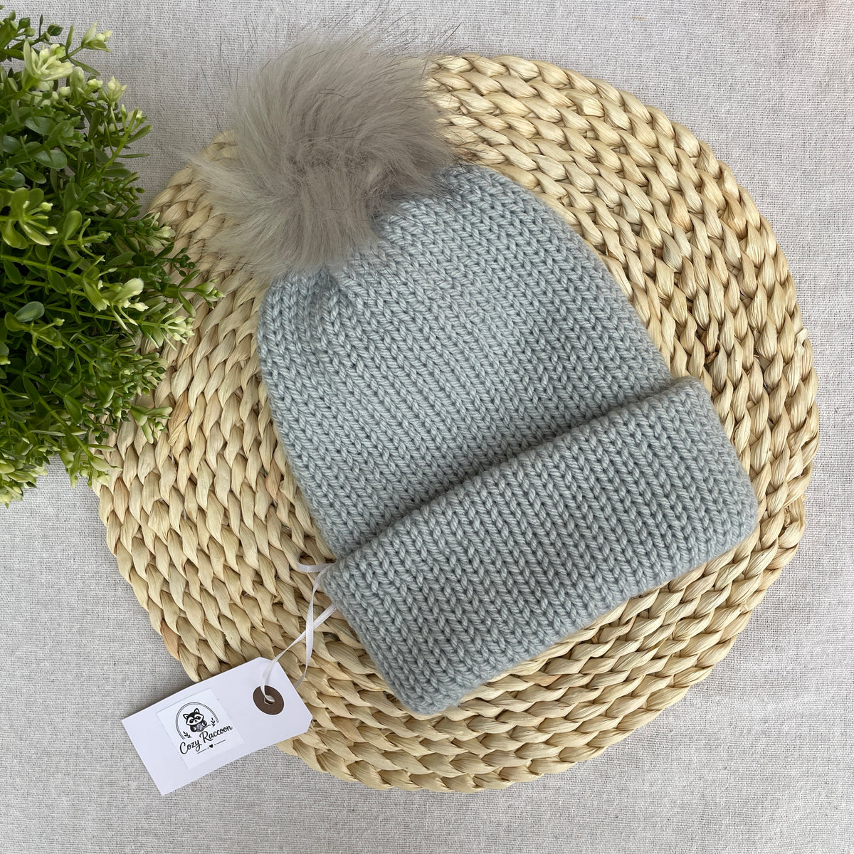 Knitted Beanie with a fluffy pom-pom, Grey