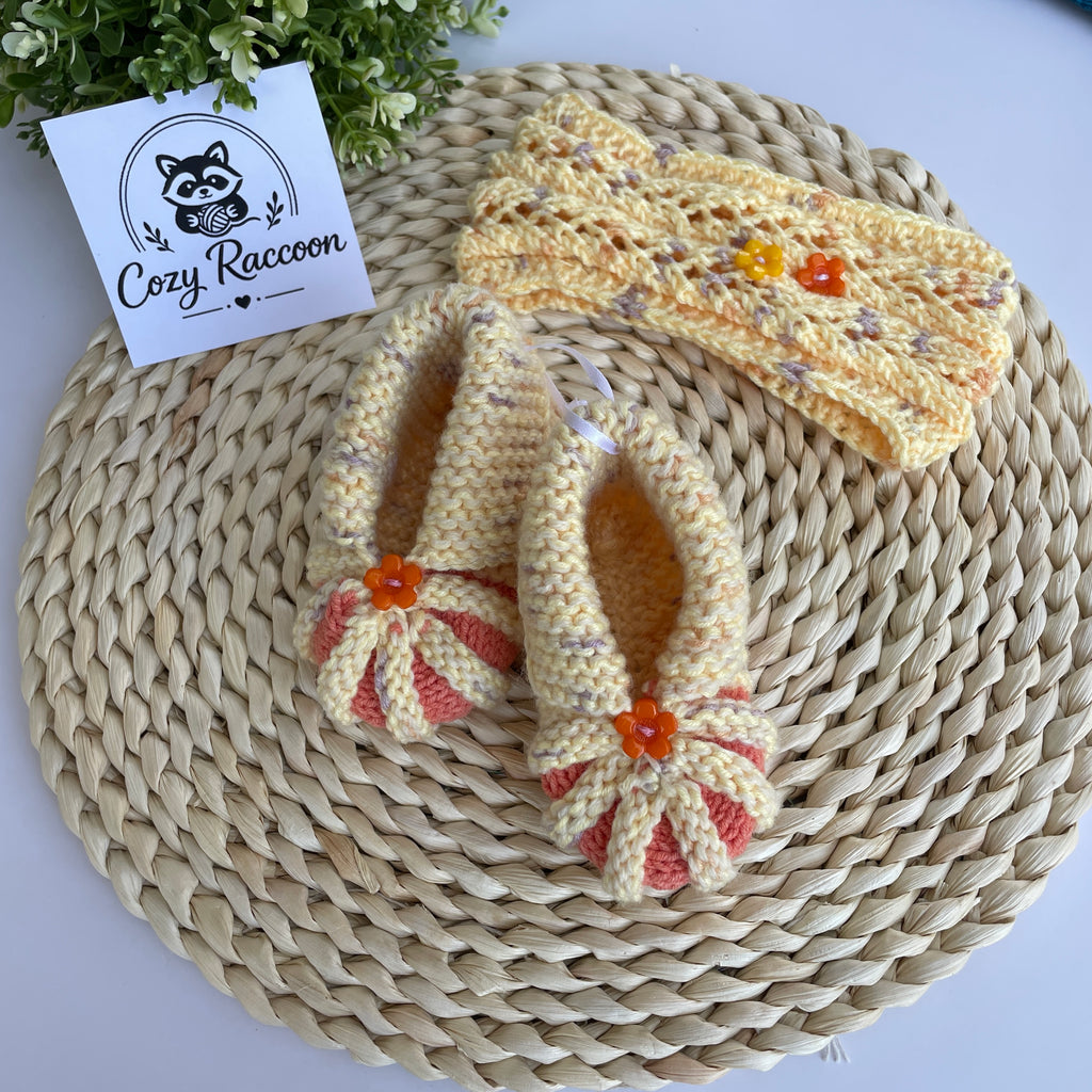 Baby Girl Gift Set, Booties and Headband, Silk/Wool Yellow Melange, 9-12 Months
