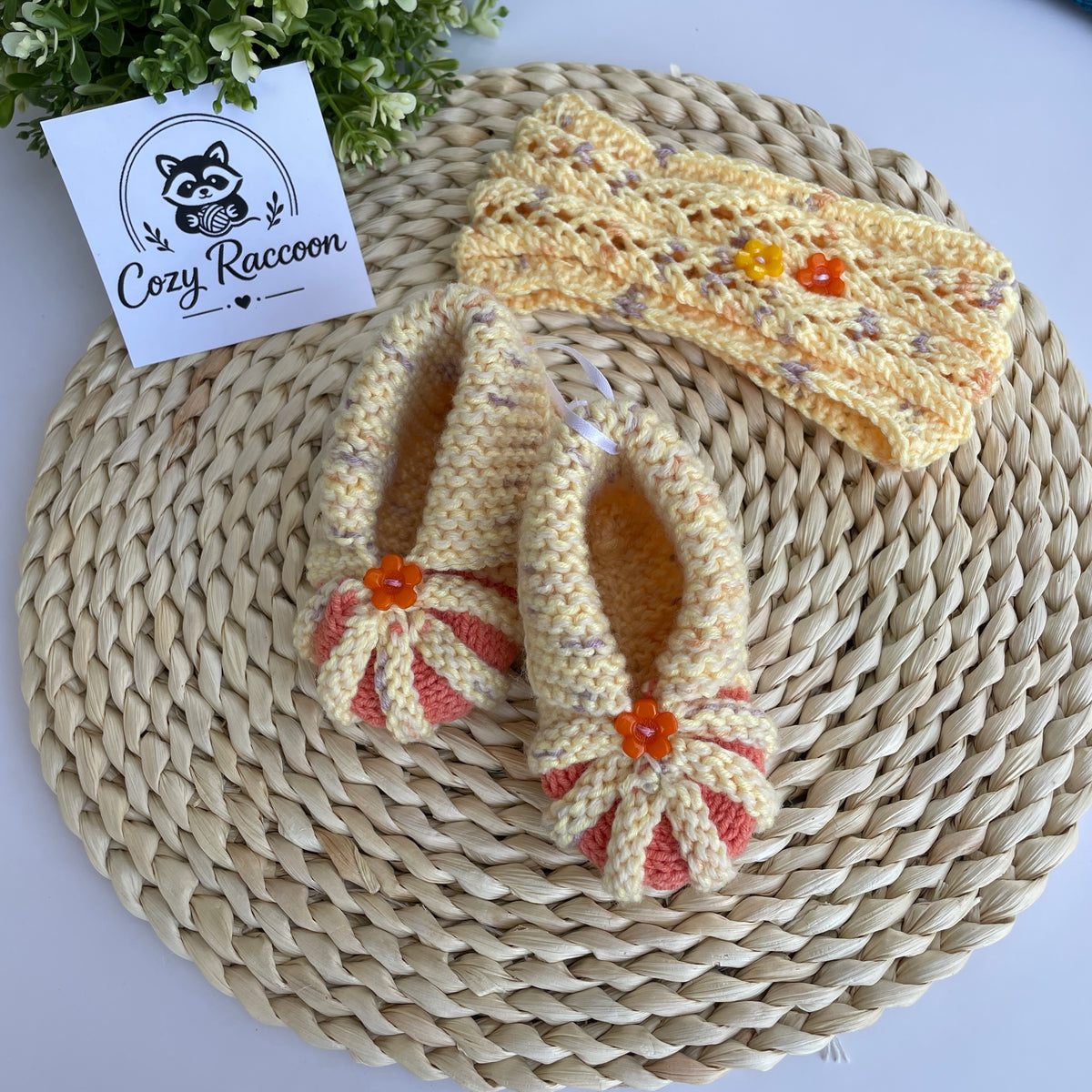 Baby Girl Gift Set, Booties and Headband, Silk/Wool Yellow Melange, 9-12 Months